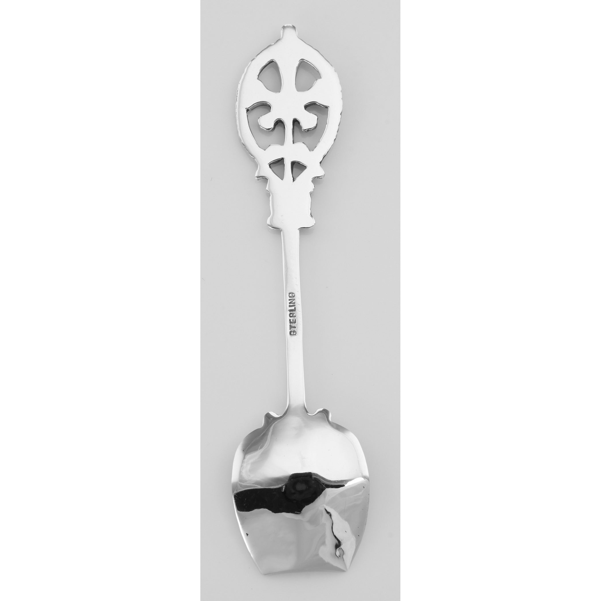 Back view of Antique Renaissance Style Sterling Silver Salt Spoon showing 925 sterling silver hallmark