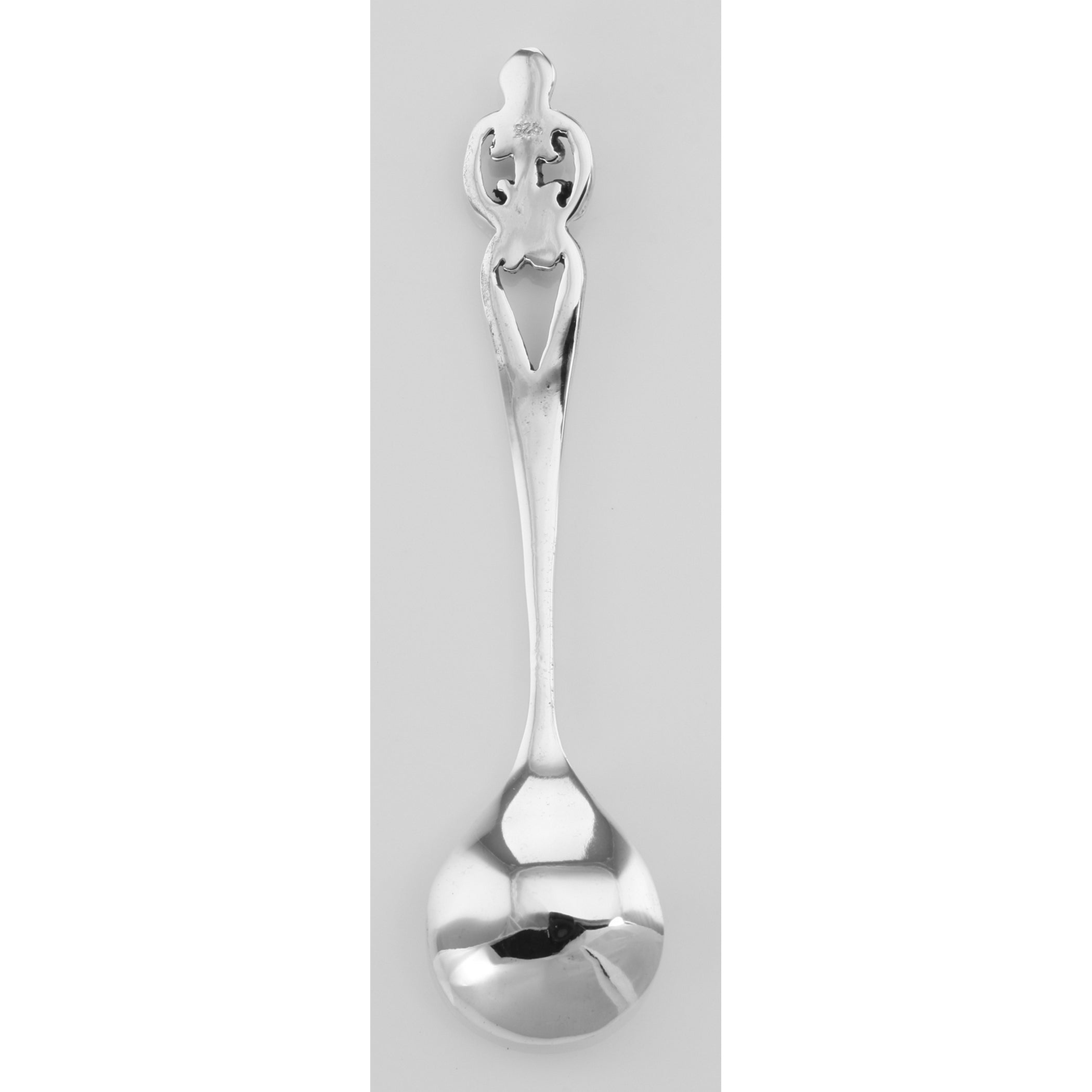 Back view of ONLY 1 LEFT - Classic Chevel Style Sterling Silver Salt Spoon showing 925 sterling silver hallmark