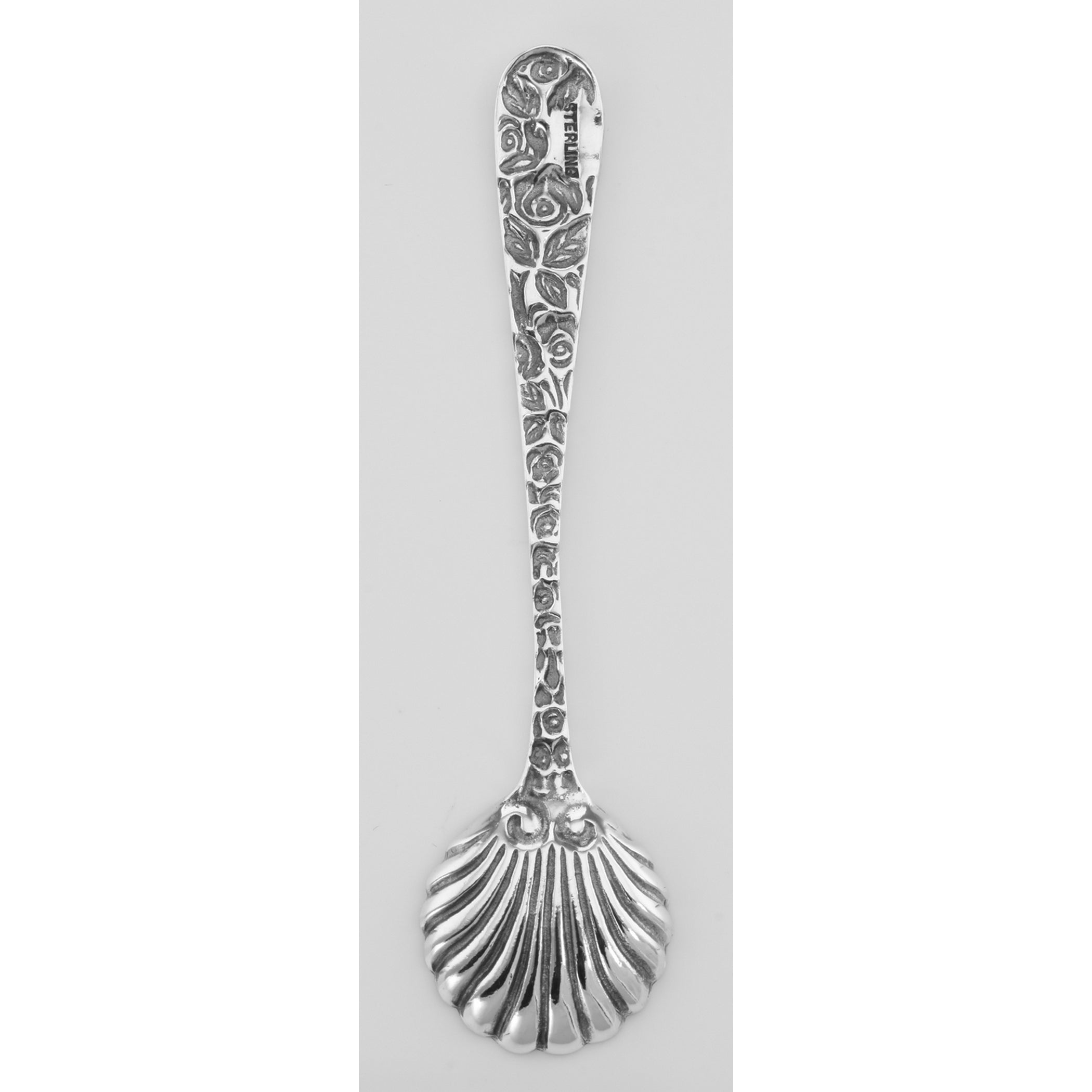 Back view of Vintage Shell Style Sterling Silver Salt Spoon showing 925 sterling silver hallmark