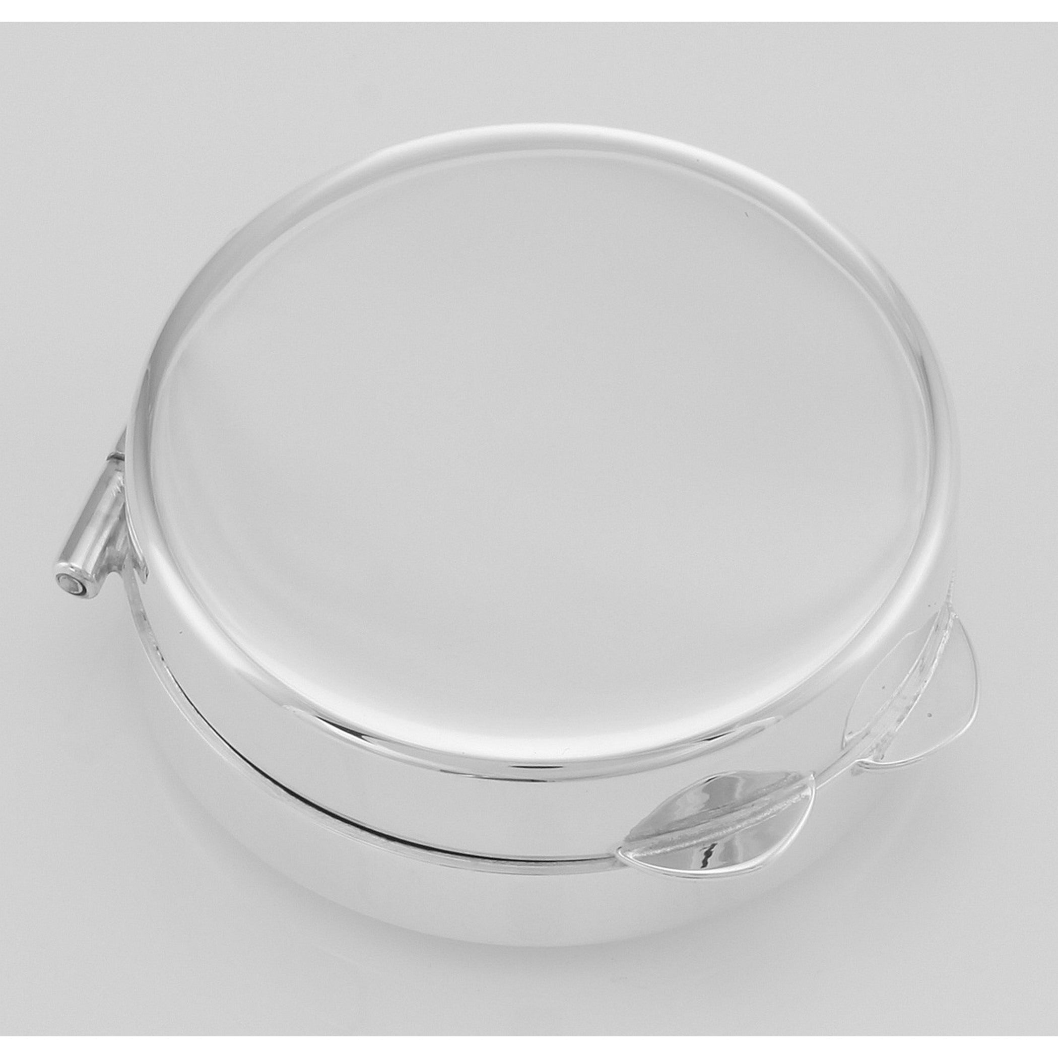 Back view of Beautiful Engravable Round Sterling Silver Pillbox - Made in USA showing 925 sterling silver hallmark
