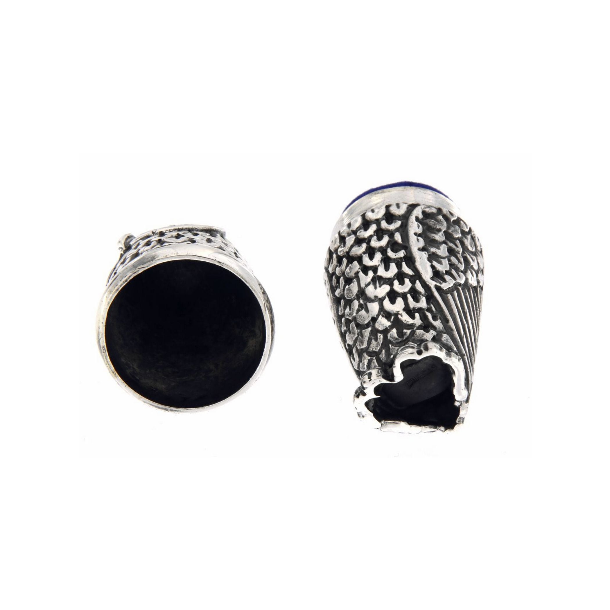 Back view of Antique / Vintage Style Highly Detailed Owl Pin Cushion in Fine Sterling Silver showing 925 sterling silver hall