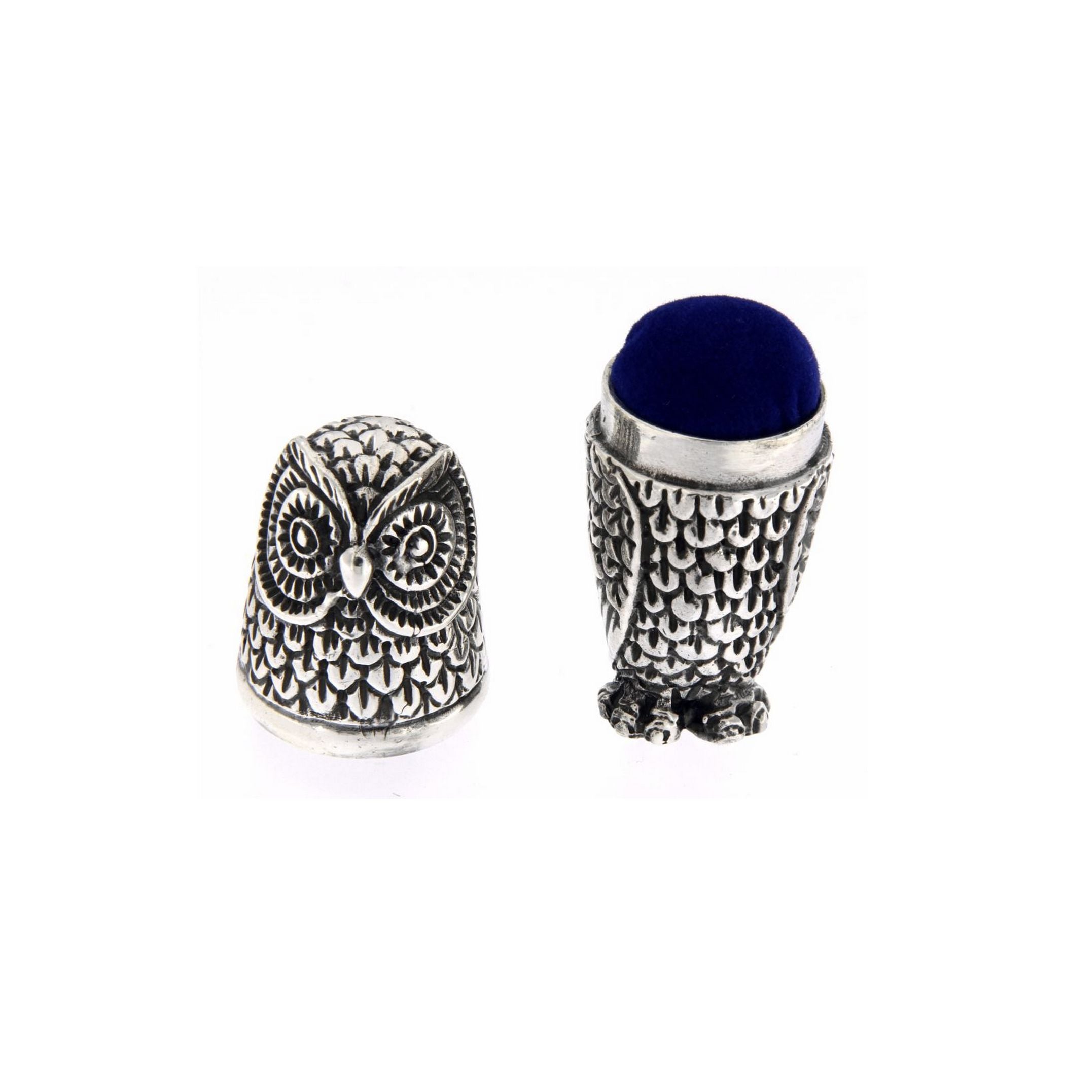 Detail view of Antique / Vintage Style Highly Detailed Owl Pin Cushion in Fine Sterling Silver highlighting design details