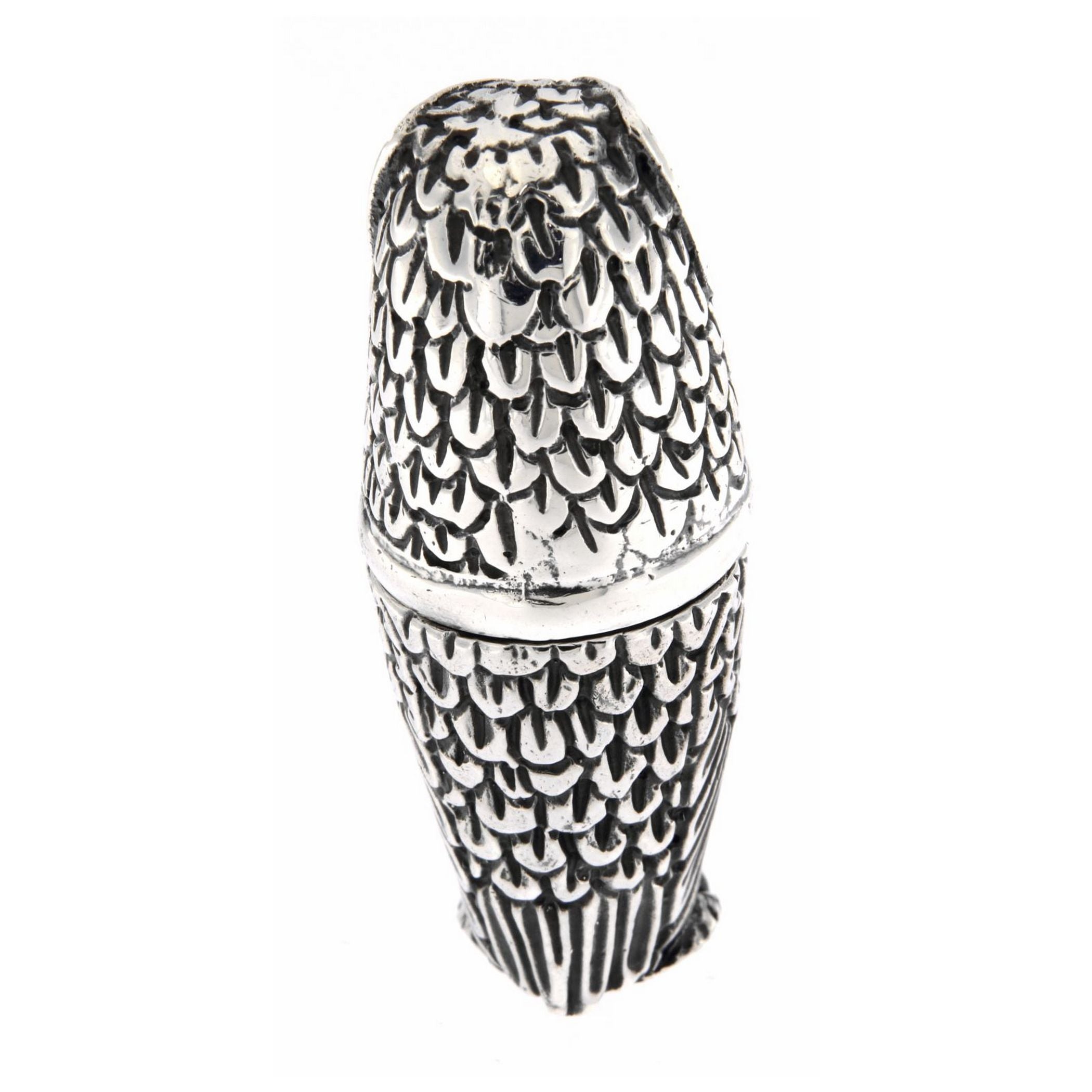 Detail view of Antique / Vintage Style Highly Detailed Owl Pin Cushion in Fine Sterling Silver highlighting design details