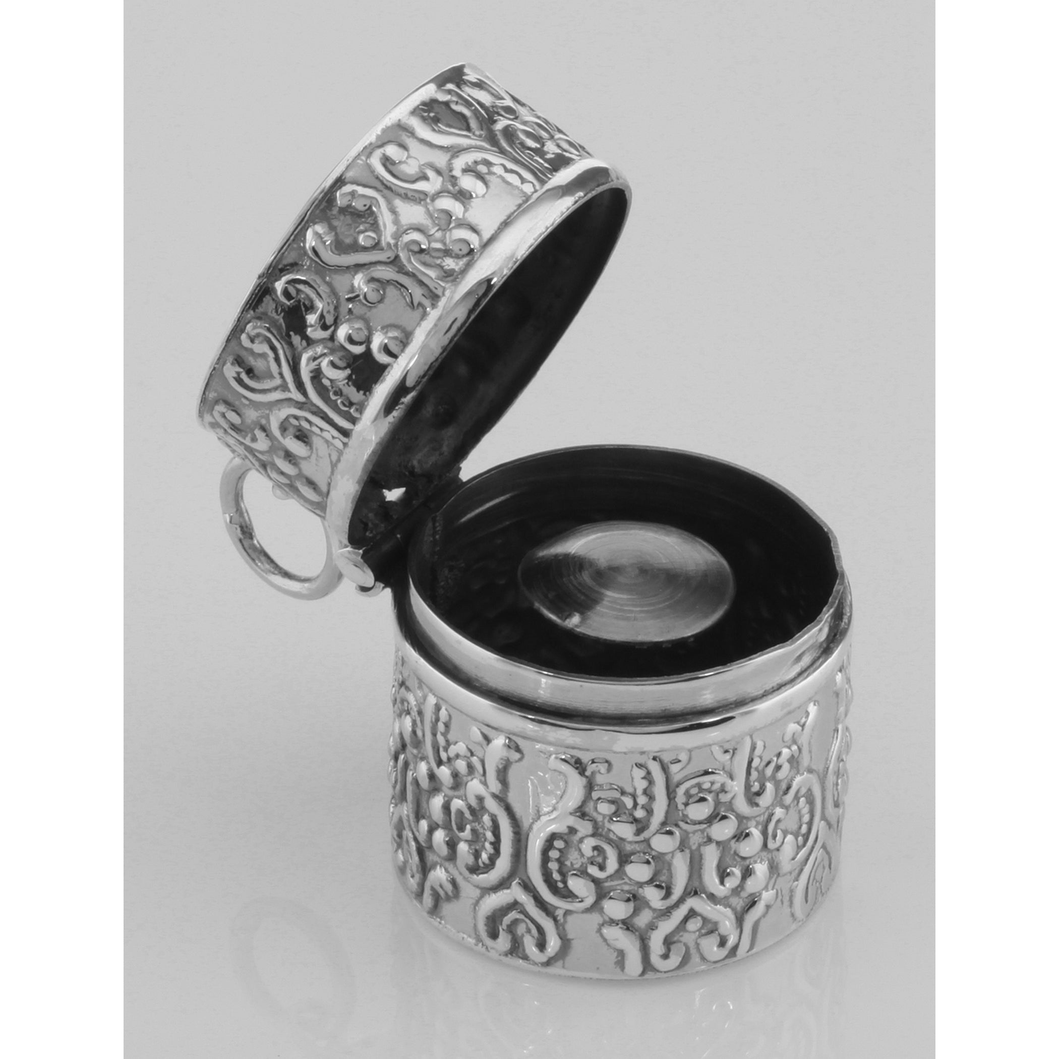 Back view of Antique Style Repousse Sewing Thimble Case showing 925 sterling silver hallmark