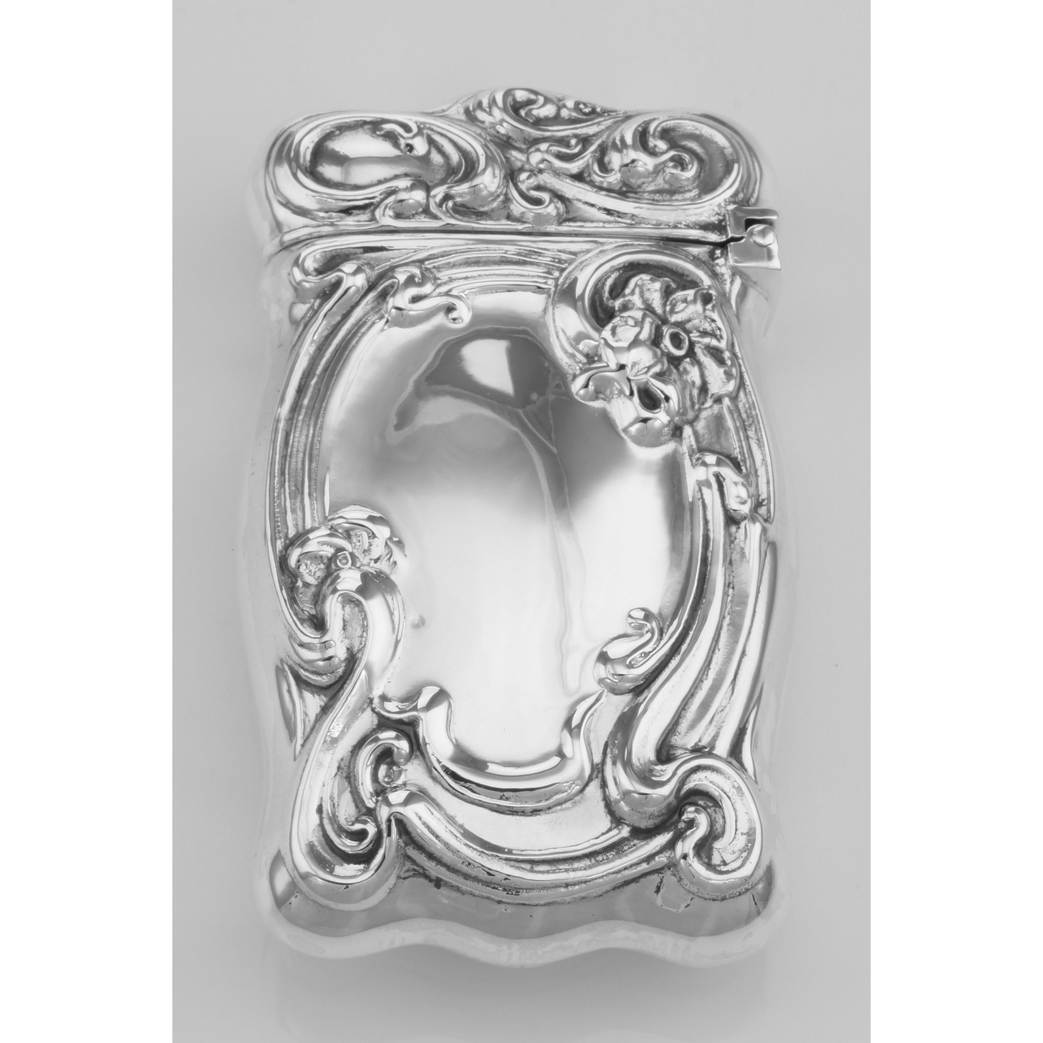 Detail view of Art Nouveau Floral Scroll Repousse Match Safe Holder Case Sterling 925 highlighting design details