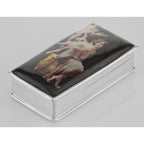 Detail view of Antique Style Porcelain Top Angel Pill Box in Fine Sterling Silver highlighting design details