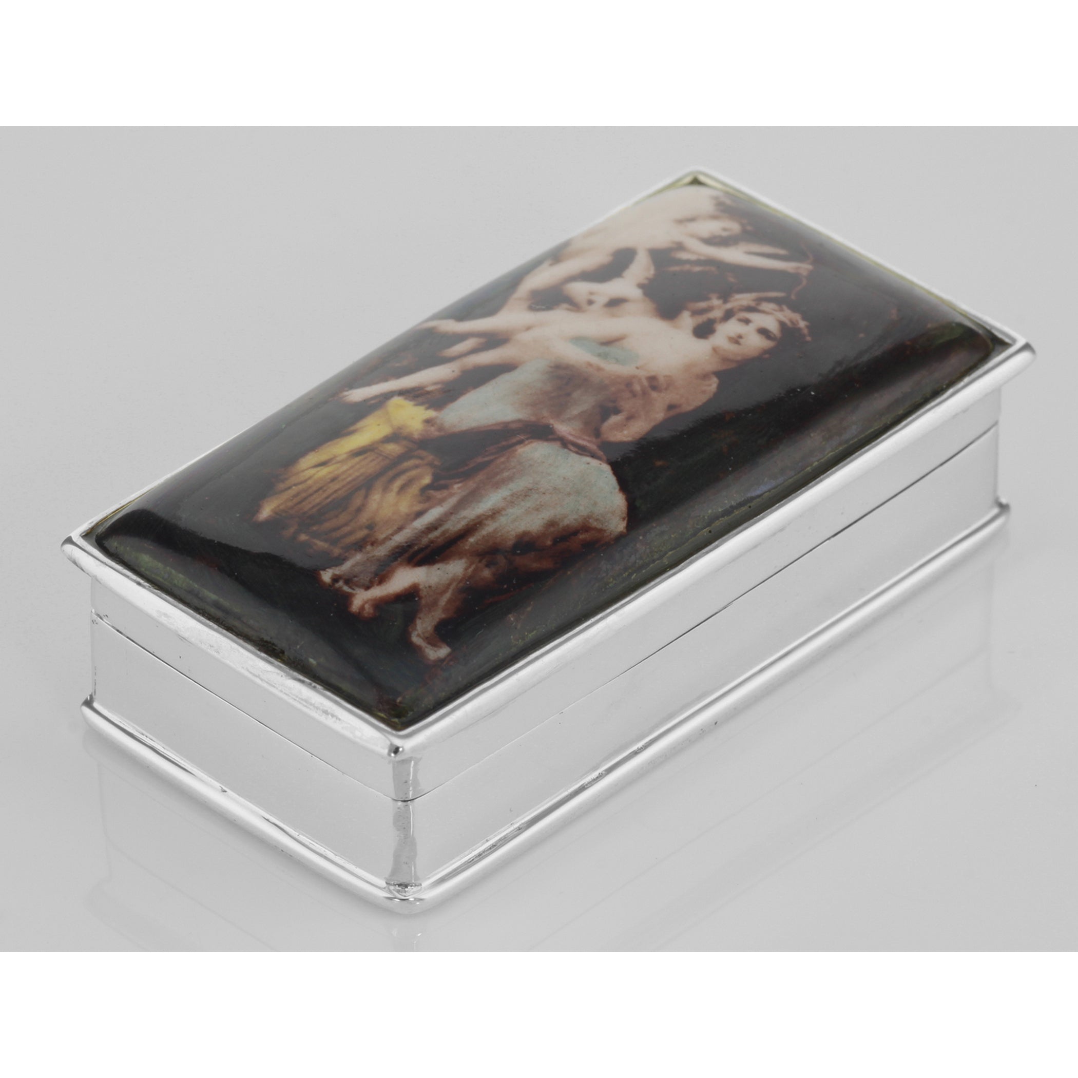 Detail view of Antique Style Porcelain Top Angel Pill Box in Fine Sterling Silver highlighting design details