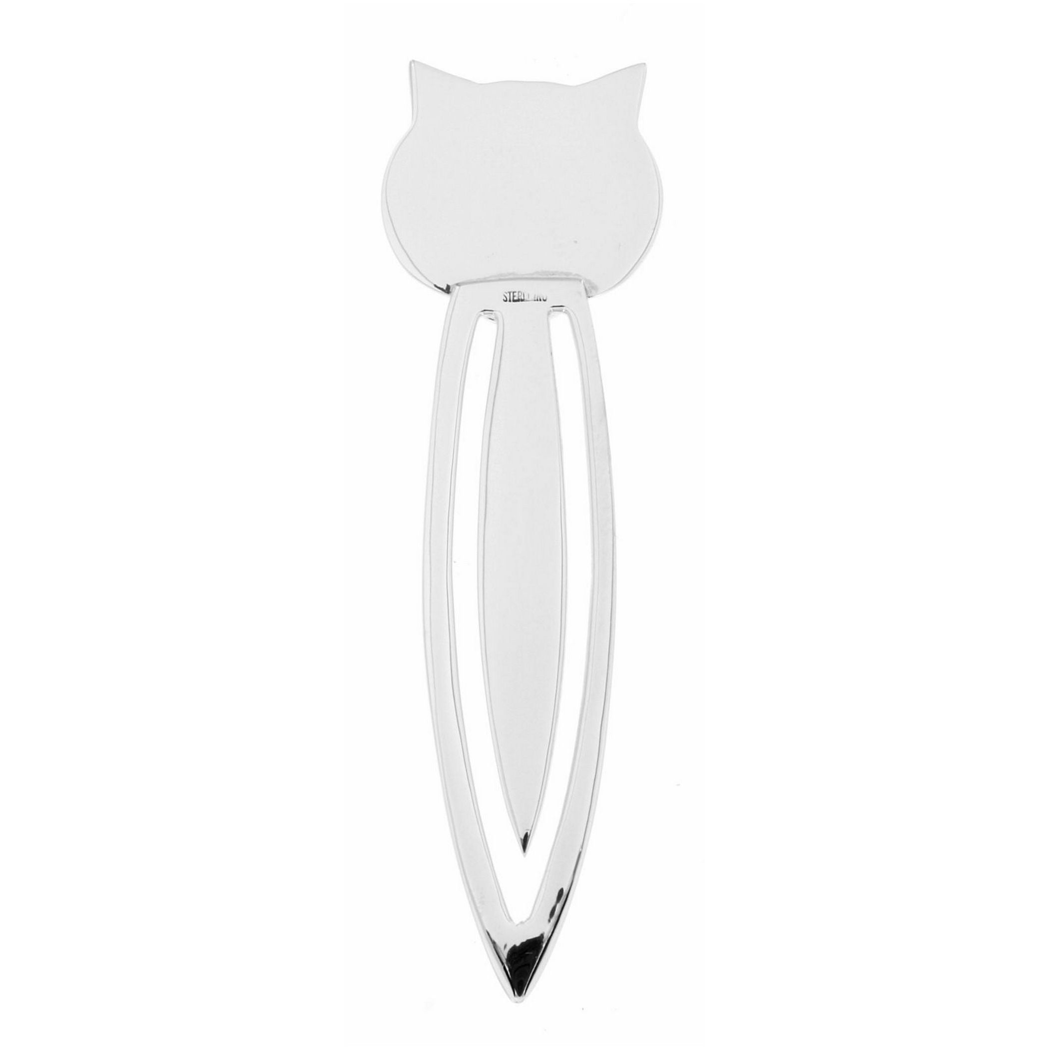 Back view of Classic Cat Bookmark / Book Marker in Fine Sterling Silver showing 925 sterling silver hallmark