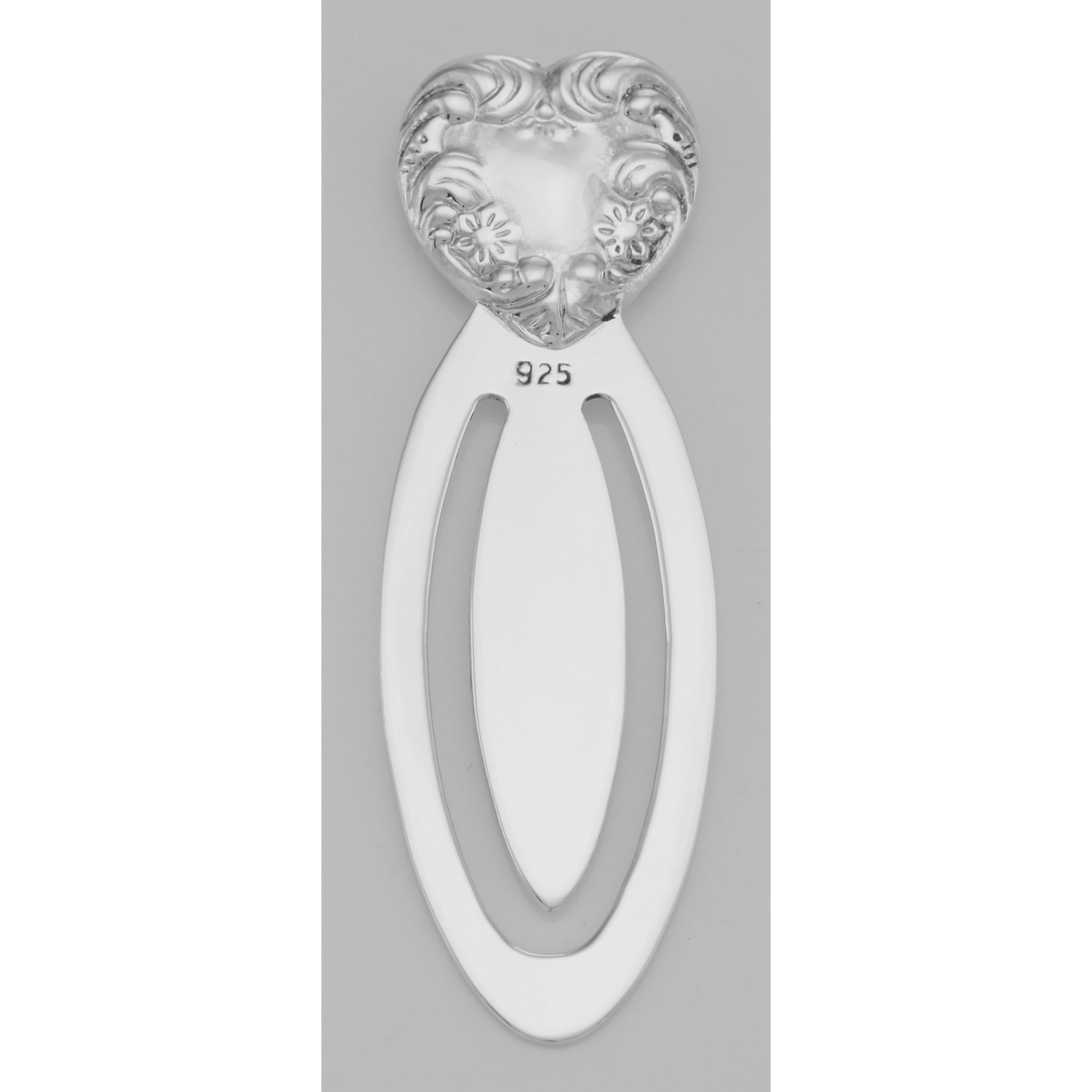 Back view of Beautiful Victorian Style Heart Shaped Sterling Silver Bookmark showing 925 sterling silver hallmark