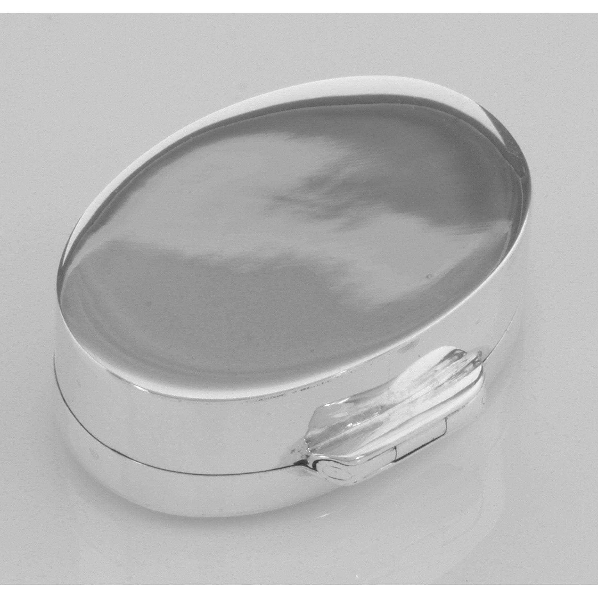 Back view of Small Oval Beaded Border Keepsake Sterling Silver Pillbox - Engravable showing 925 sterling silver hallmark