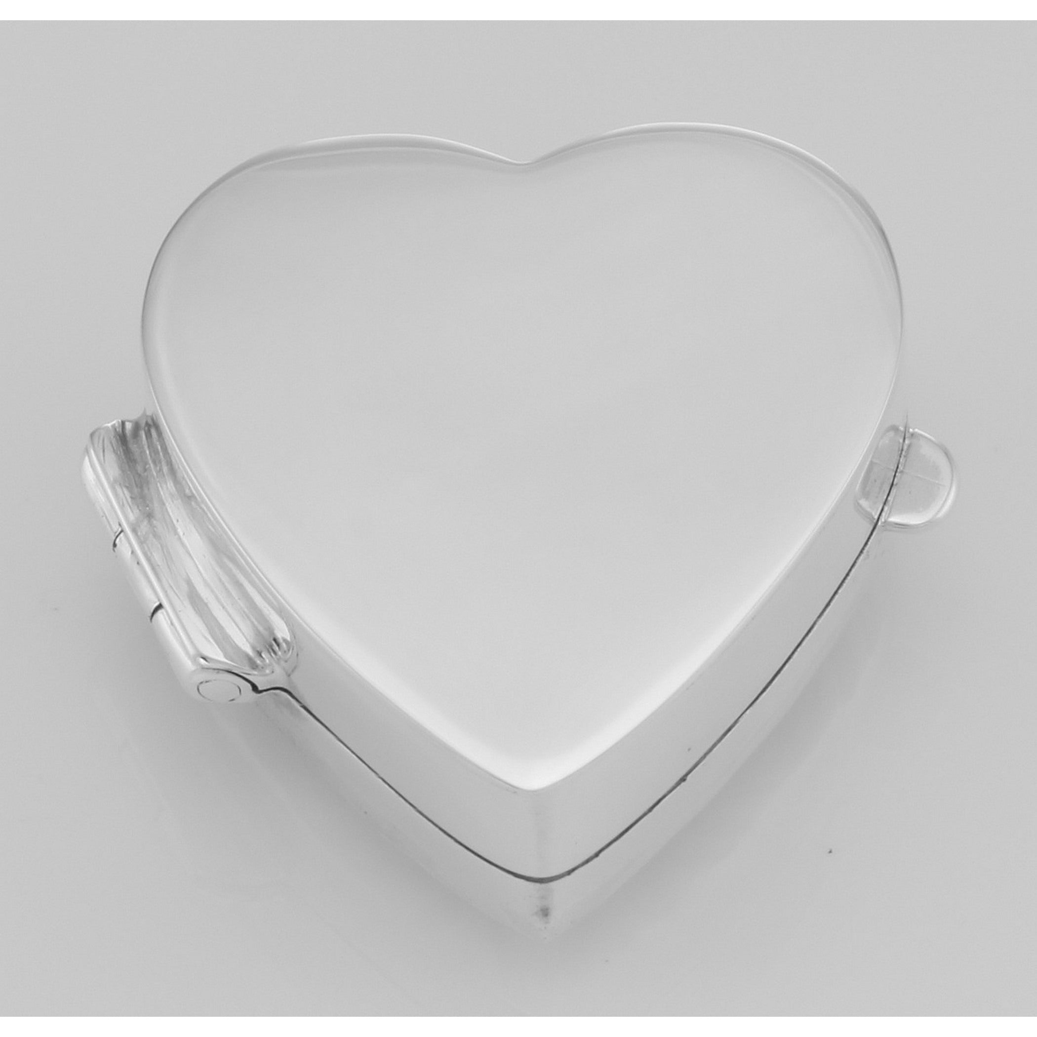 Back view of Victorian Style Heart Shaped Keepsakes / Pill Box / Pillbox showing 925 sterling silver hallmark