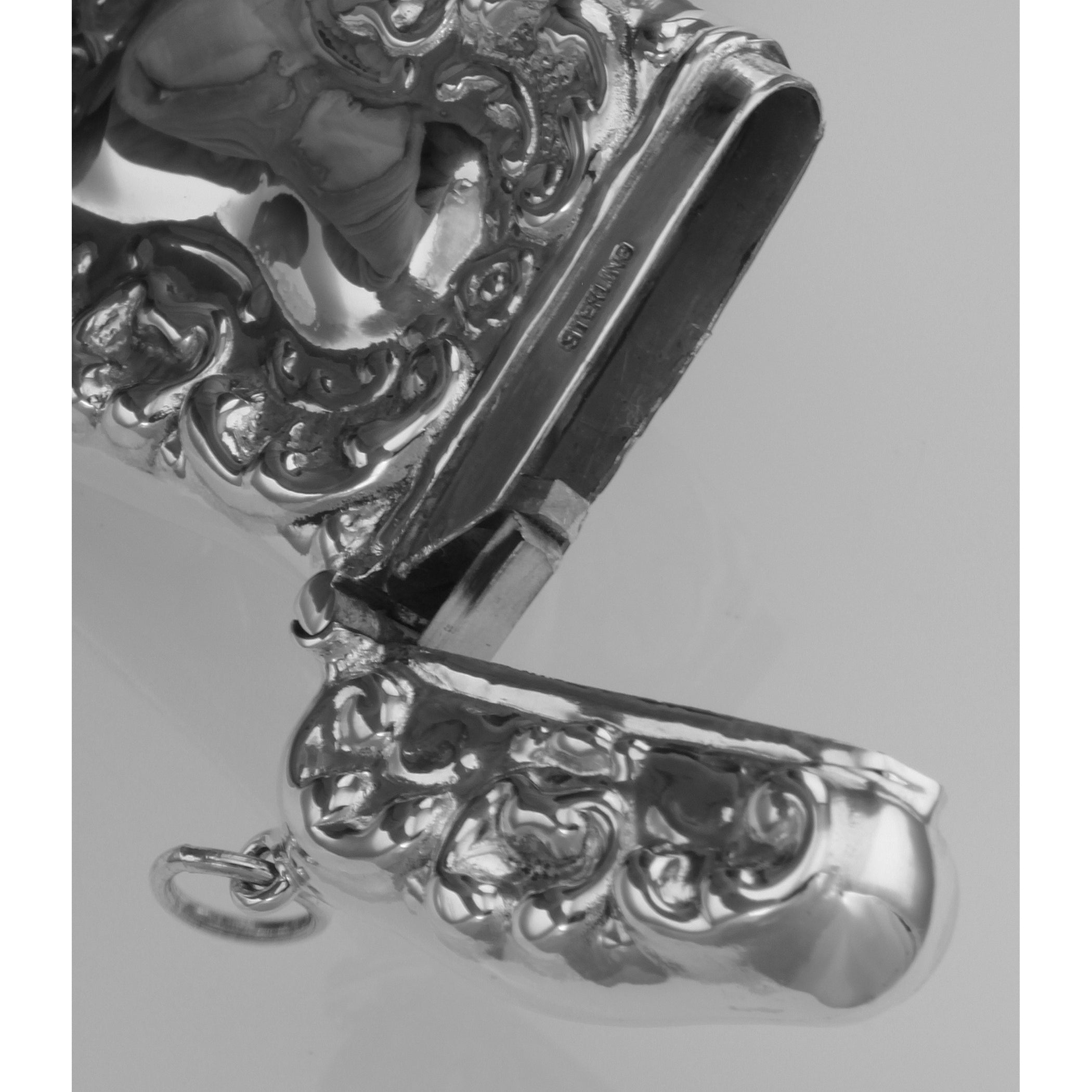 Back view of Art Nouveau Style Repousse Match Safe Holder Case in Fine Sterling Silver showing 925 sterling silver hallmark