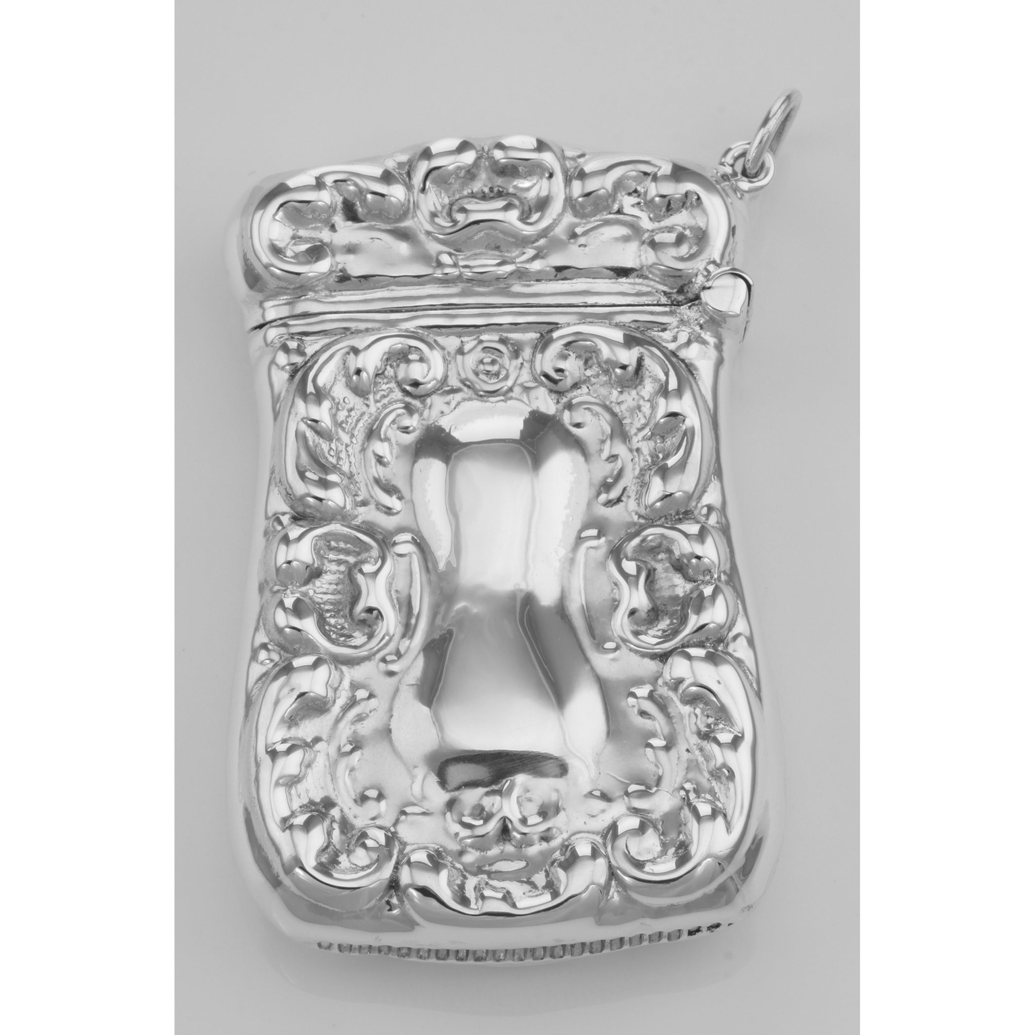 Detail view of Art Nouveau Style Repousse Match Safe Holder Case in Fine Sterling Silver highlighting design details