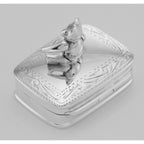 Back view of Cute Teddy Bear Box for Baby in Fine Sterling Silver showing 925 sterling silver hallmark