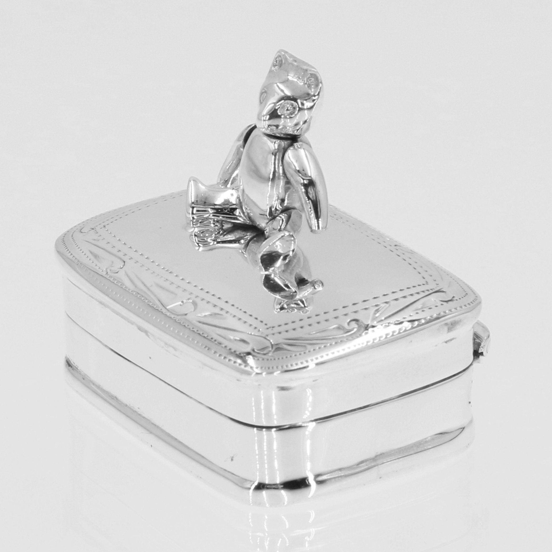 Back view of Cute Movable Teddy Bear Box for Baby in Fine Sterling Silver showing 925 sterling silver hallmark