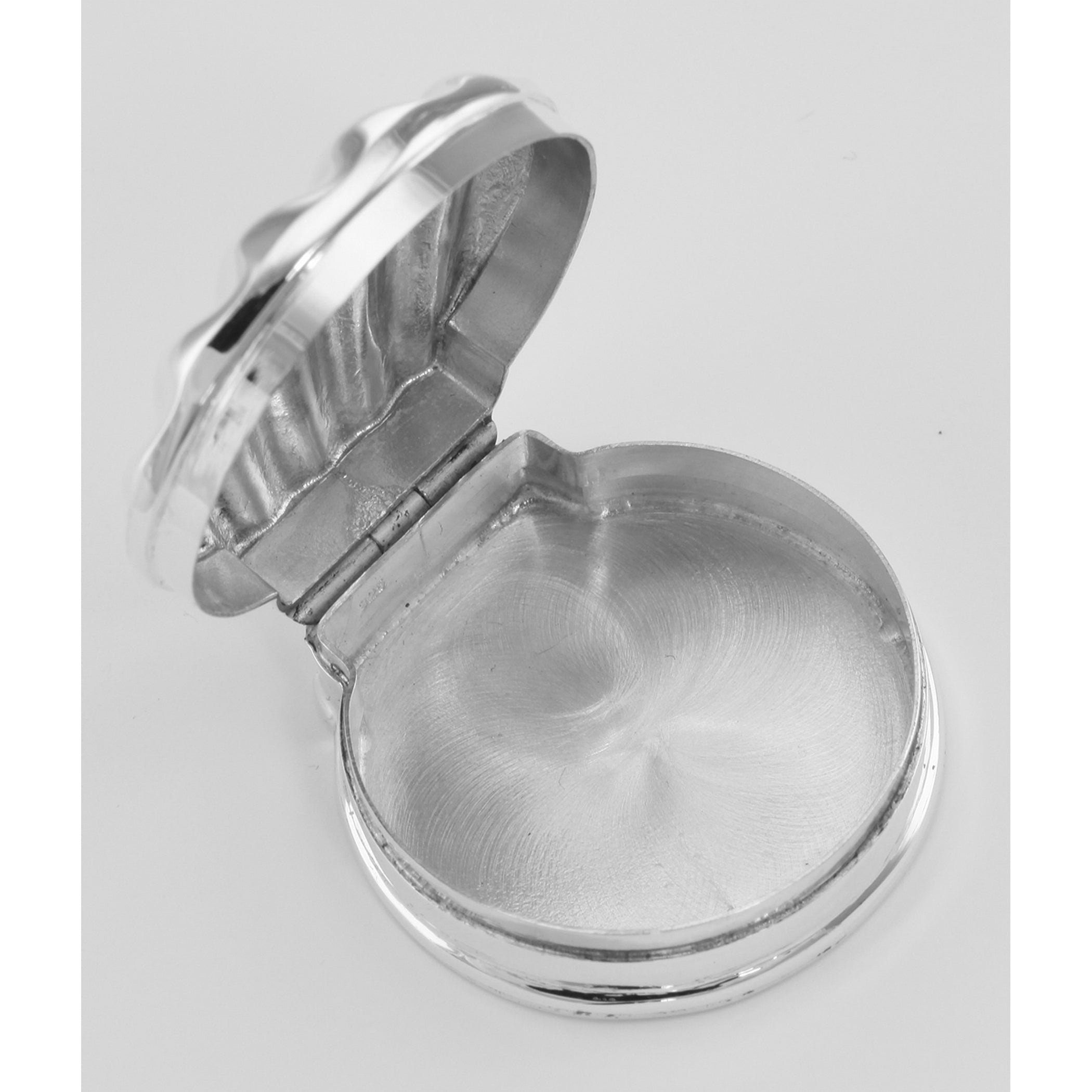 Back view of Classic Scallop Shell Sterling Silver Pillbox - Pill Box showing 925 sterling silver hallmark