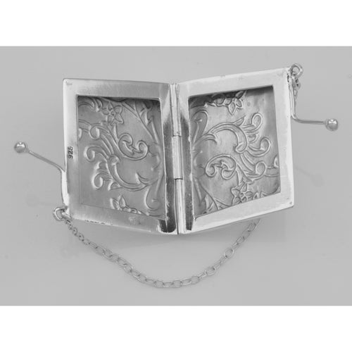 Back view of Antique Style Paisley Purse Locket / Pill Box in Fine Sterling Silver showing 925 sterling silver hallmark and s