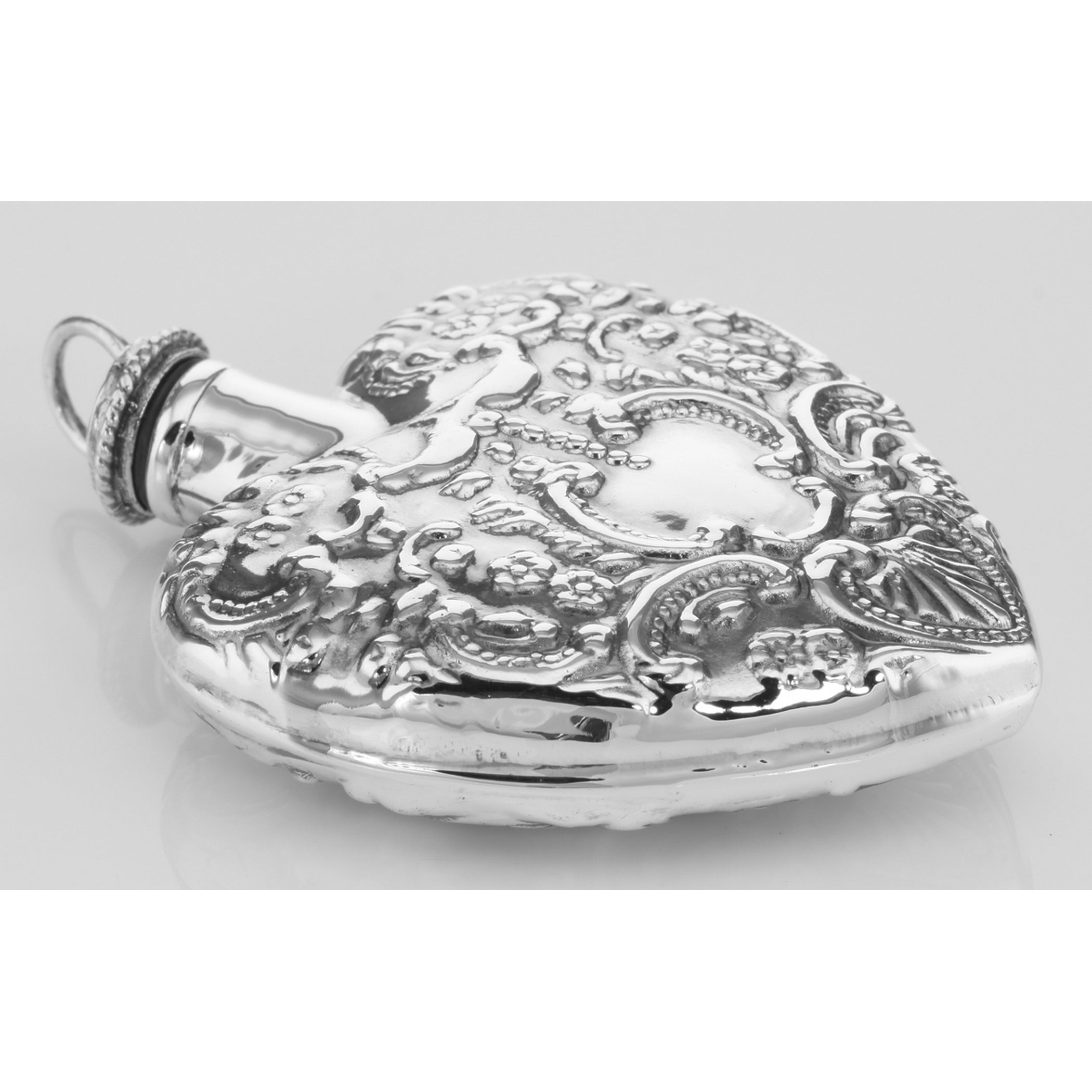 Back view of Large Antique Style Heart Perfume Bottle Pendant showing 925 sterling silver hallmark and spring ring clasp