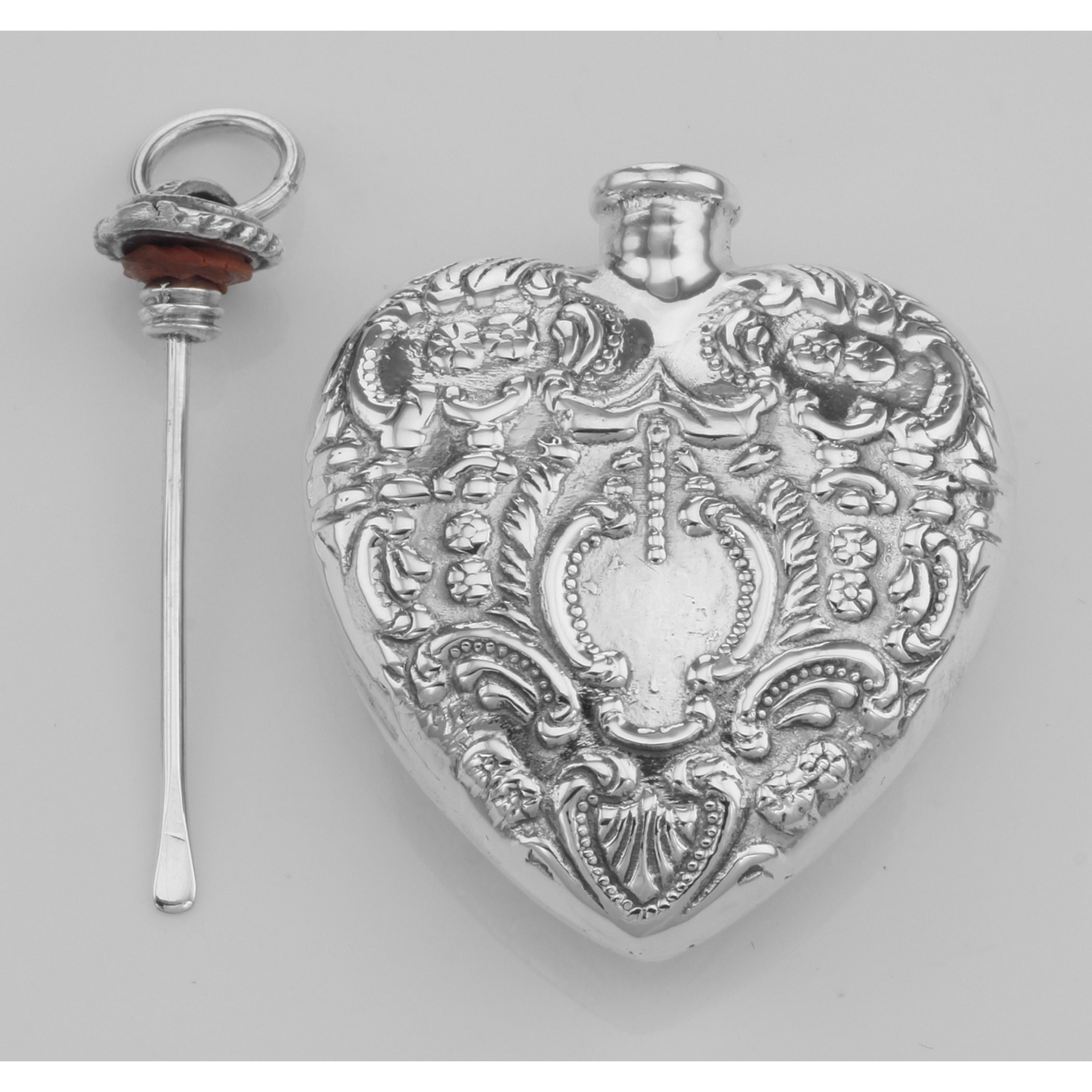 Back view of Classic Small Heart Perfume Bottle or Memorial Ash Pendant showing 925 sterling silver hallmark and spring ring 