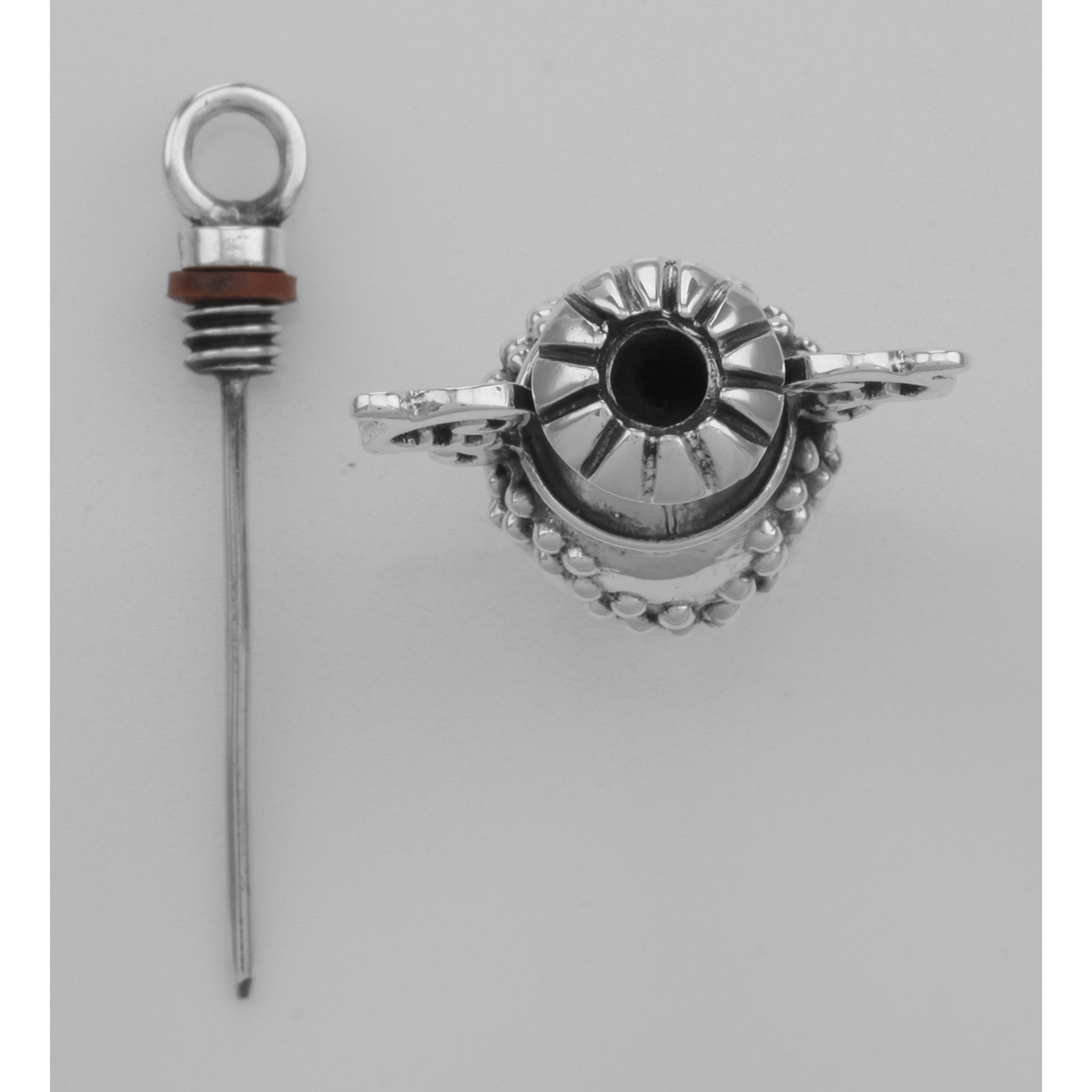 Back view of Antique Style Urn Perfume / Ash or Memorial Bottle Pendant showing 925 sterling silver hallmark and spring ring 