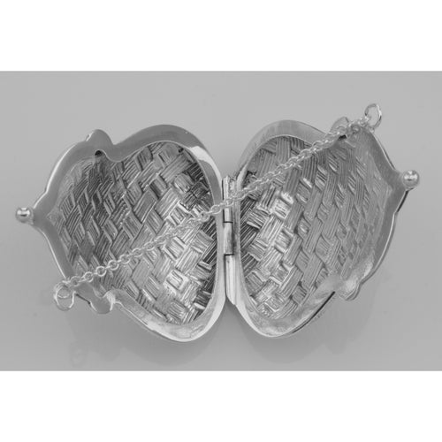 Back view of Antique Style Basketweave Purse Pill Box in Fine Sterling Silver showing 925 sterling silver hallmark and spring