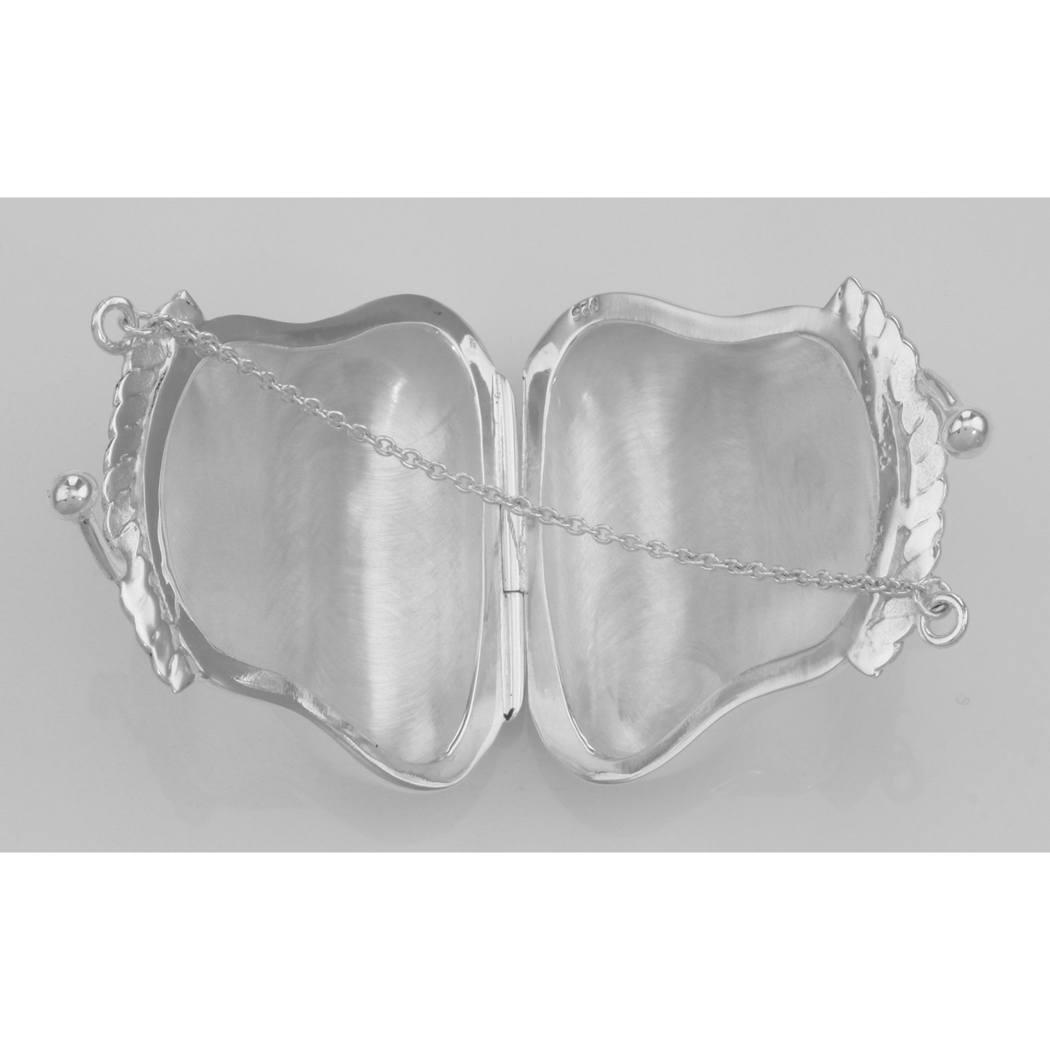 Back view of Antique Style Purse Pill Box Locket Border Design Engravable Sterling Silver showing 925 sterling silver hallmar