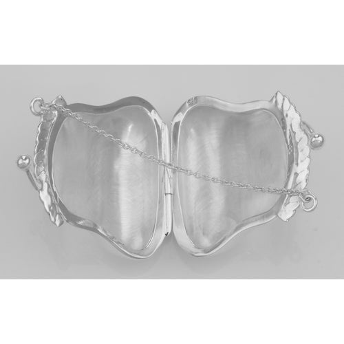 Back view of Antique Style Purse Pill Box Locket Border Design Engravable Sterling Silver showing 925 sterling silver hallmar