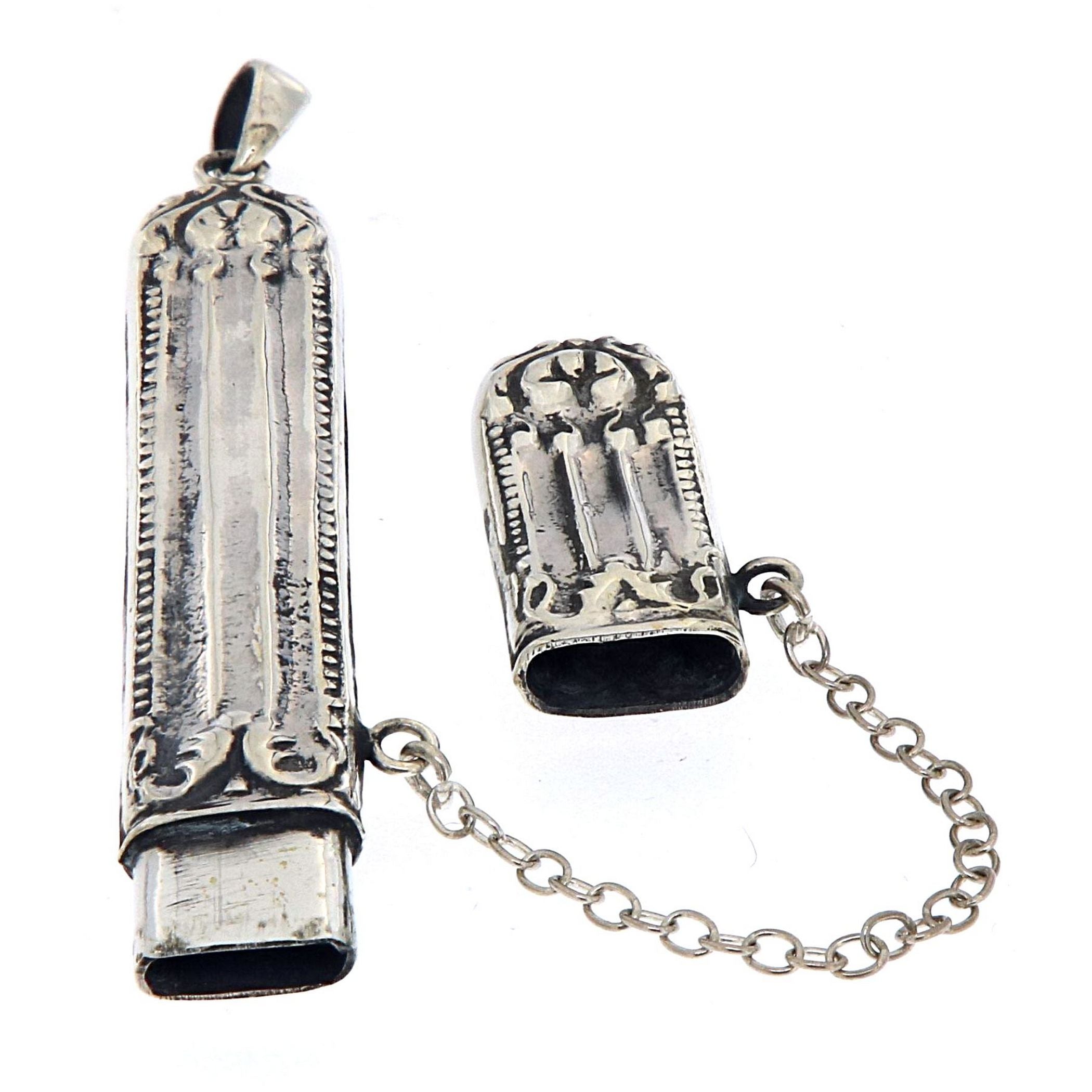 Back view of Roman Repousse Style Sewing Needle Case - Needlecase showing 925 sterling silver hallmark
