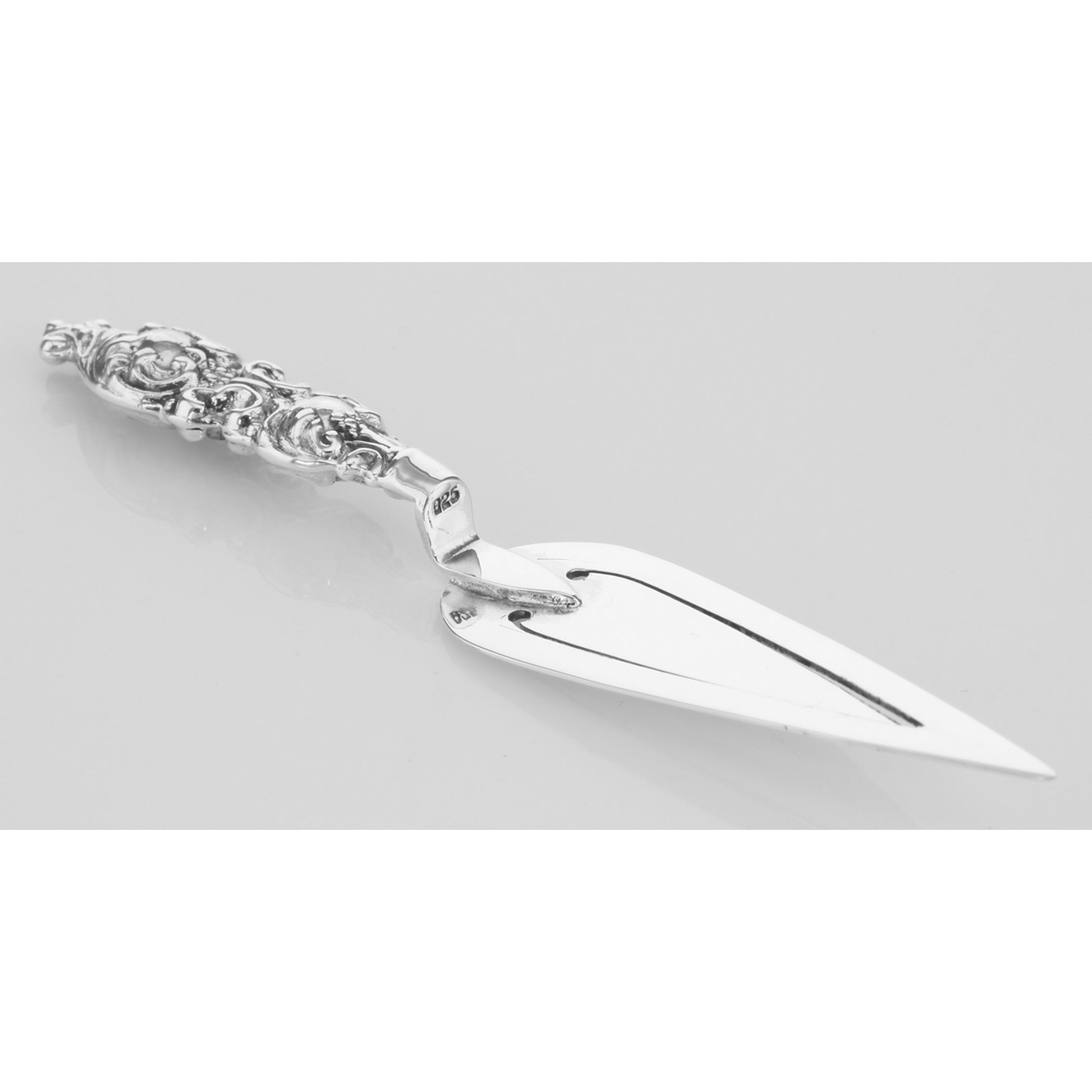 Detail view of Victorian Style Repousse Trowel Bookmark in Fine Sterling Silver highlighting design details