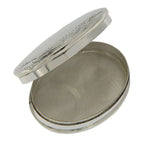 Back view of Nice Size Sterling Silver Oval Pillbox w/ Engraved Border Design showing 925 sterling silver hallmark