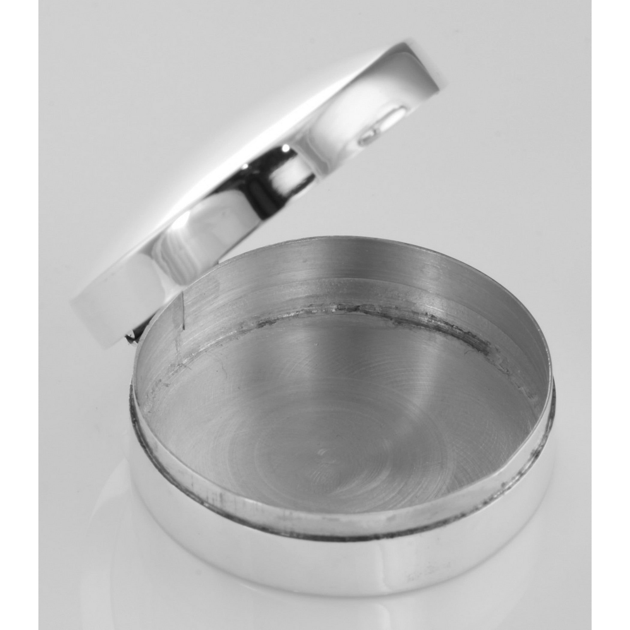 Back view of ONLY 5 IN STOCK - Medium Engravable Round Sterling Silver Pillbox showing 925 sterling silver hallmark