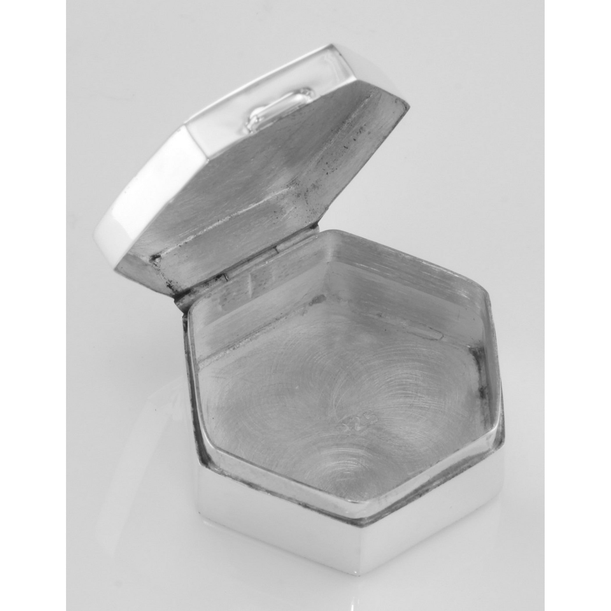 Detail view of Small Hexagon Shaped Sterling Silver Pillbox with Engraved Top highlighting design details