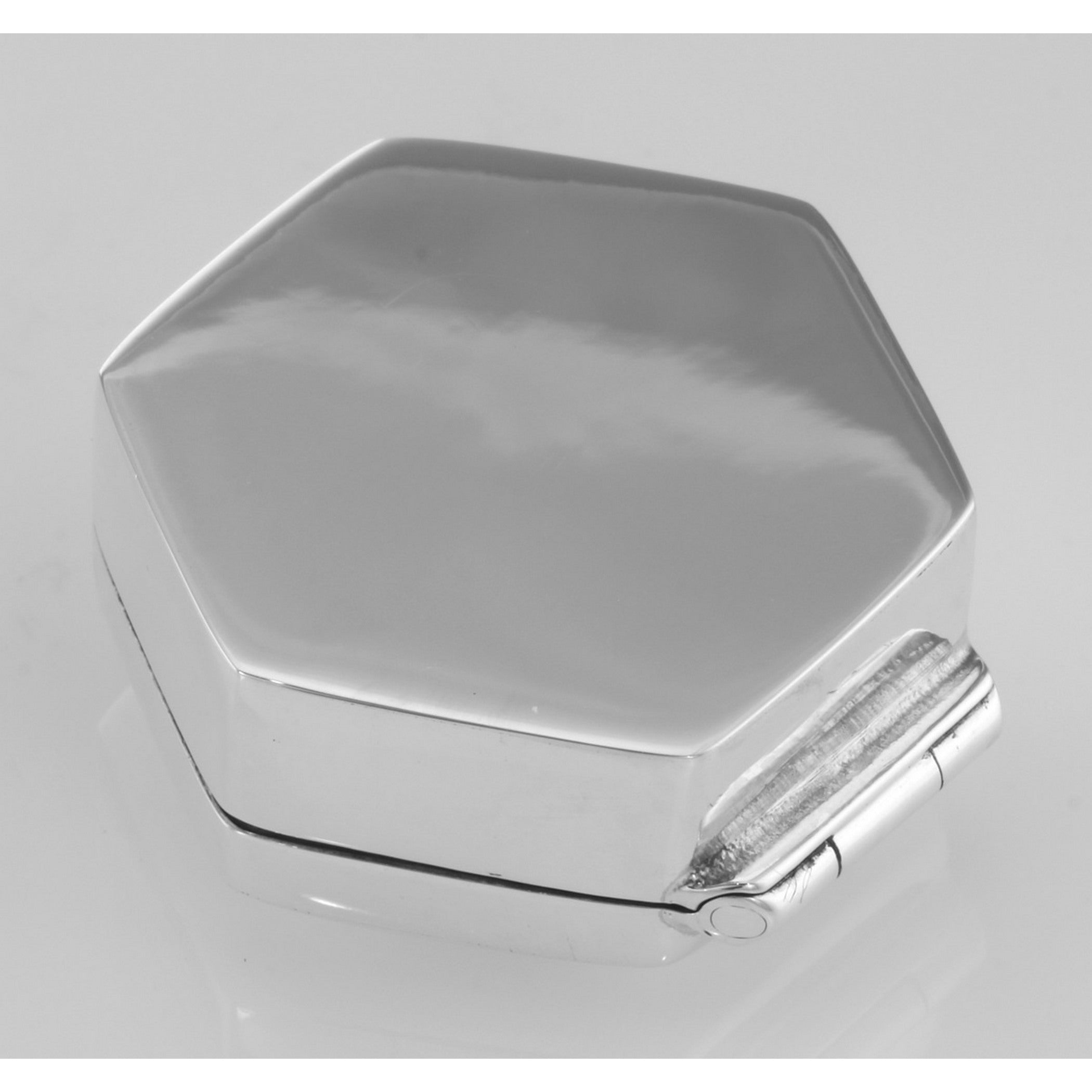 Back view of Small High Polish Hexagon Shaped Sterling Silver Engravable Pillbox showing 925 sterling silver hallmark