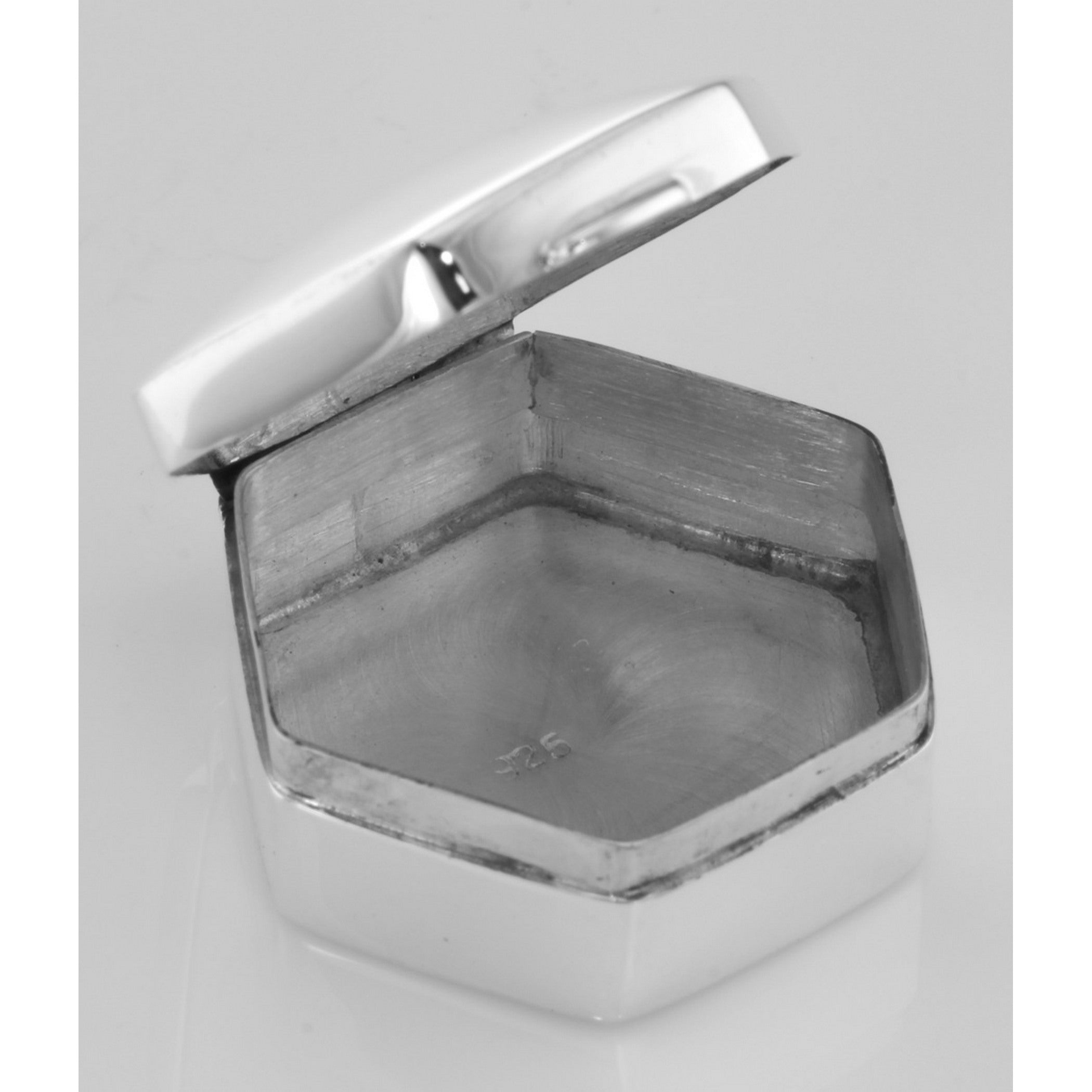 Detail view of Small High Polish Hexagon Shaped Sterling Silver Engravable Pillbox highlighting design details